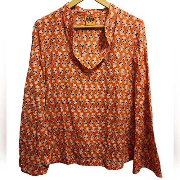 TORY BURCH Orange Navy & White Floral Printed Sequin Lightweight Tunic Top Sz 6